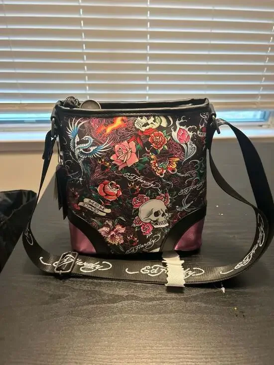Ed Hardy Tattoo Print Skull & Roses Crossbody Bag with Rhinestone Detail - Picture 6 of 7